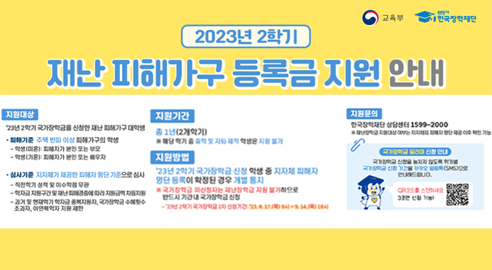 2023년 2학기 재난 피해가구 등록금 지원 안내지원대상 : `23년 2학기 국가장학금을 신청한 재난 피해가구 대학생피해기준 : 주택 반파 이상 피해가구의 학생- 학생(미혼) : 피해자가 본인 또는 부모- 학생(기혼) : 피해자가 본인 배우자심사기준 : 지자체가 제공한 피해자 명단 기준으로 심사- 직전학기 성적 및 이수학점 무관- 학자금 지원구간 및 재난 피해경중에 따라 지원금액 차등지원- 과거 및 현재학기 학자금 중복지원자, 국가장학금 수혜횟수 초과자, 이연복학자 지원 제한 지원기간 : 총 1년(2개학기) ※ 해당 학기 중 휴학 및 자퇴,제적 학생은 지원불가 지원방법 : `23년 2학기 국가장학금 신청 학생 중 지자체 피해자 명단 등록이 확정된 경우 개별 통지※ 국가장학금 미신청자는 재난장학금 지원 불가하므로 반드시 기간내 국가장학금 신청- `23년 학기 국가장학금 2차 신청기간 : `23.8.17.(목) 9시 ~ 9.14.(목) 18시 지원문의 : 한국장학재단 상담센터 1599-2000※ 재난학장금 지원대상 여부는 지자체의 피해자 명단 제공 이후 확인 가능국가장학금 알리미 신청 안내 - 국가장학금 신청을 놓치지 않도록 학기별 국가장학금 신청 기간을 카카오 알림톡(SMS)으로 안내해드립니다.QR코드를 스캔하세요 3초면 신청 가능!